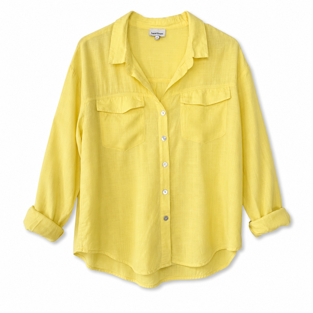 Heartloom Yellow Button Front Roll Tab Blouse Size Large Rayon Linen Lightweight